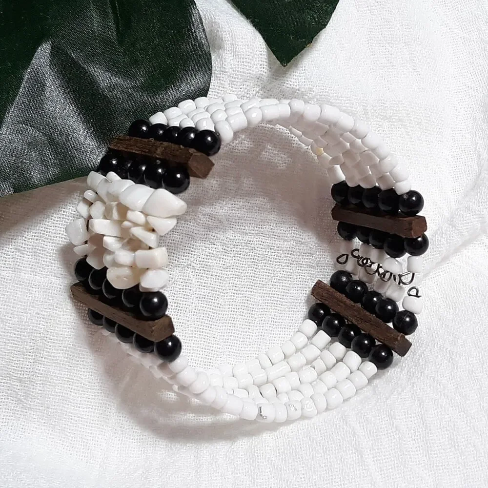 Large Stretch Cuff Bracelet Beach Ocean Tropical Vacation White Brown Black Bead